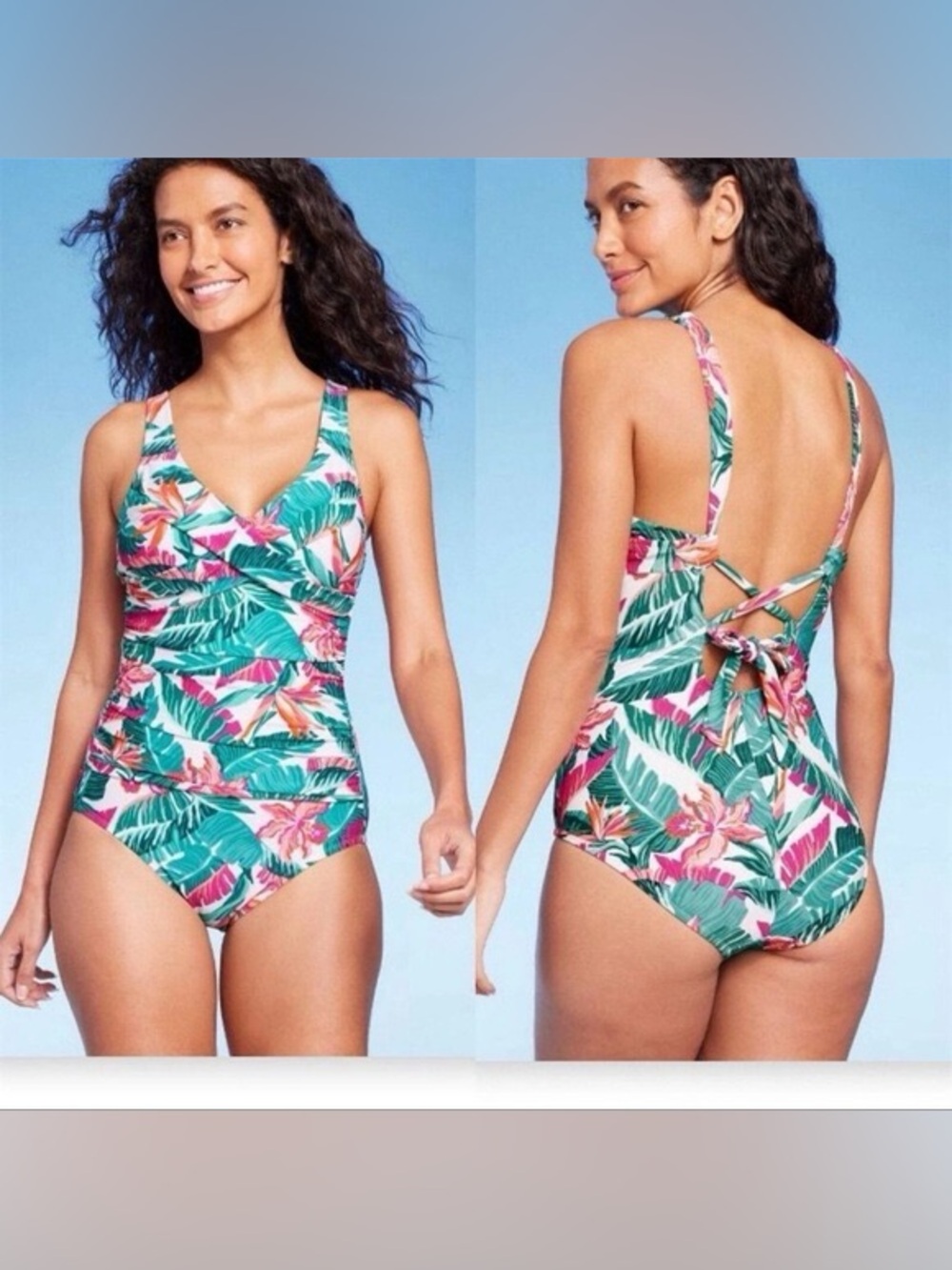 Nwt Kona sol Tropical Leaf Print One-Piece Swimsuit - Green & Pink